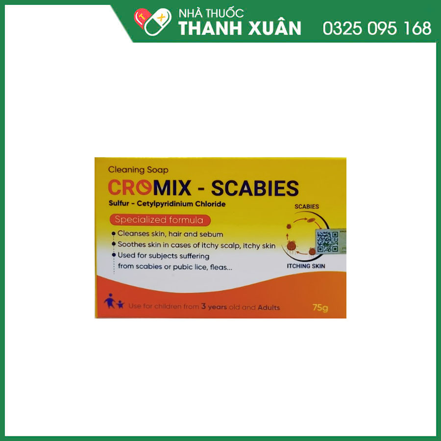 Xà bông Cromix-Scabies giúp làm sạch, dưỡng da, dùng cho da đang bị viêm trùng hoặc ghẻ ngứa (rận, bọ chét...)